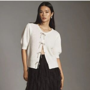 Maeve Short-Sleeve Embellished Bow Cardigan Sweater, XS